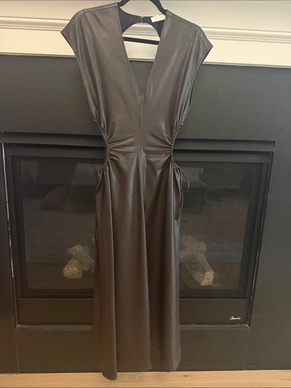 Sleek Black Faux-Leather Midi Dress with V-Neck and side cutouts